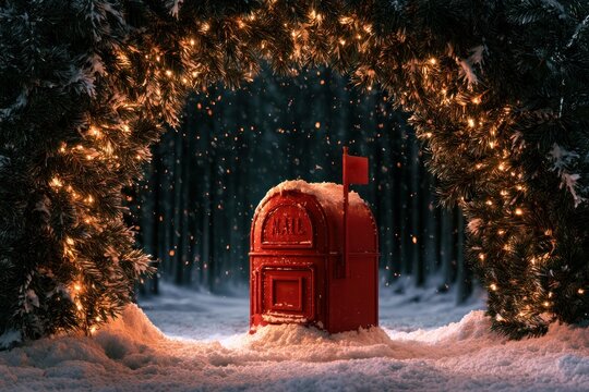 Red Christmas Mailbox Beneath Illuminated Arch in Snowy Forest