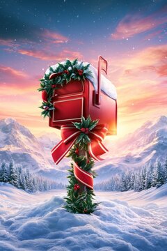 Red Christmas Mailbox with Holly Garland in Snowy Mountains