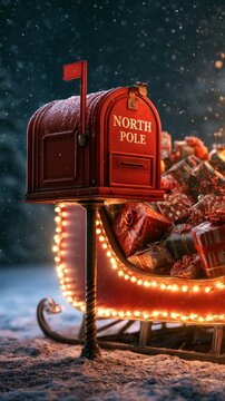 Red North Pole Christmas Mailbox Beside Santa Gift Sleigh