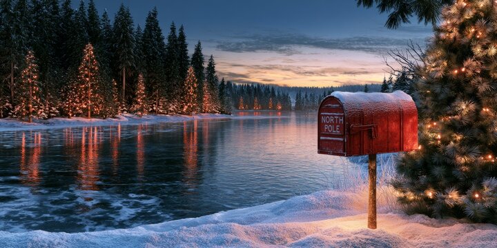Red North Pole Christmas Mailbox Beside Snowy Sunset Lake