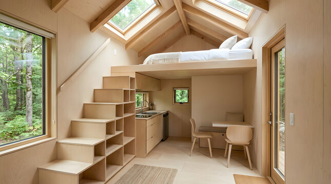 Modern minimalist tiny house interior with loft bed and skylights.