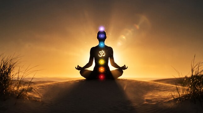 Chakra Meditation at Sunset: A silhouetted figure meditates on a beach at sunset, with glowing chakra points and the Om symbol illuminating their body.