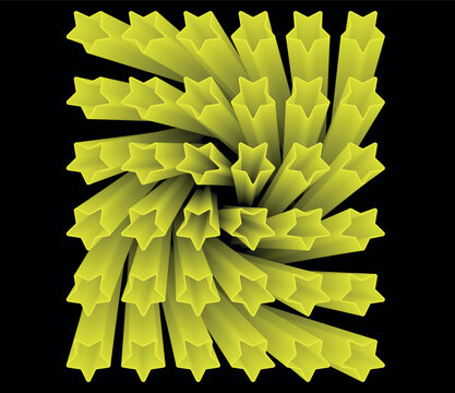 Abstract yellow 3D star pattern vortex creating optical illusion on black background.
