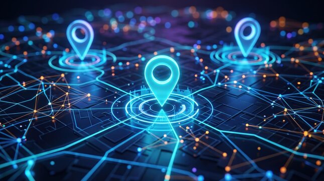 Digital navigation pin markers connected by glowing network lines for global logistics tracking and connectivity.