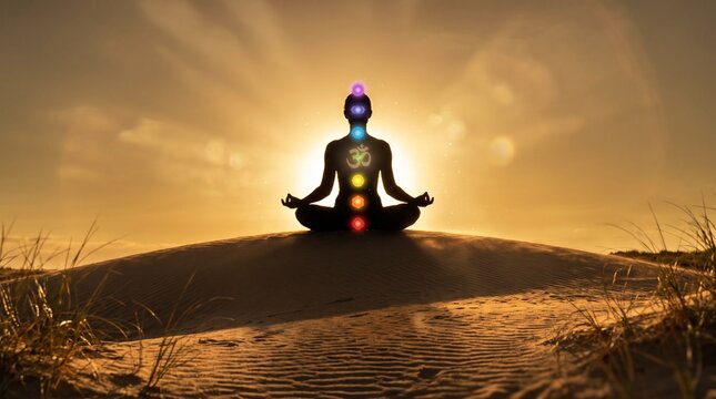 Zen Warrior of Light: Silhouetted against a radiant sunset, a person meditates in a serene desert landscape, with illuminated chakra points symbolizing spiritual awakening and inner peace.