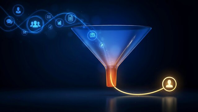 Digital sales funnel concept with glowing blue network flowing into a golden base, representing lead generation and customer conversion