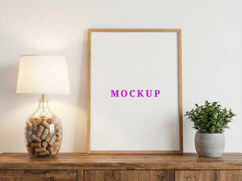 Blank template photo frame mockup with copy space on a modern living room empty wall.
