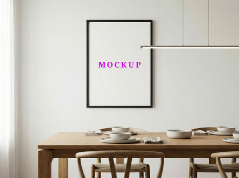 Living room interior with an empty picture frame hanging on a minimal vertical wall space.