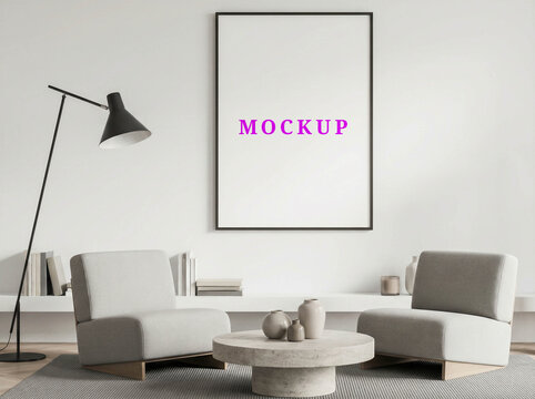 Canvas artwork print mockup hanging on a scandinavian living room wall with copy space.