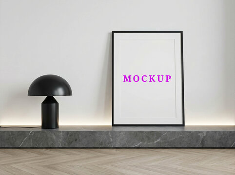 Scandinavian minimalist home interior decor with a vertical blank picture template on the wall.