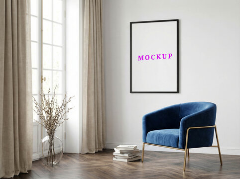 Minimalist wall frame mockup template for art prints. Modern interior poster mockup. Blank living room wall art mockup