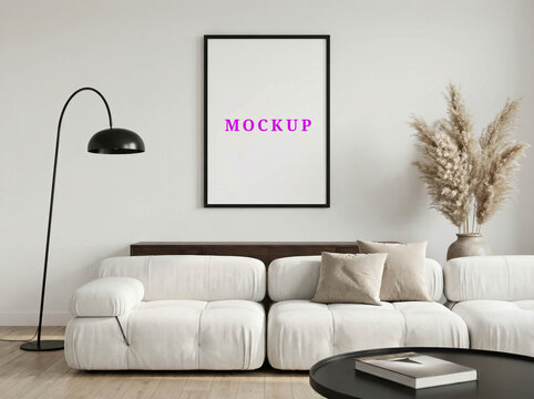 Canvas artwork print mockup hanging on a scandinavian living room wall with copy space.