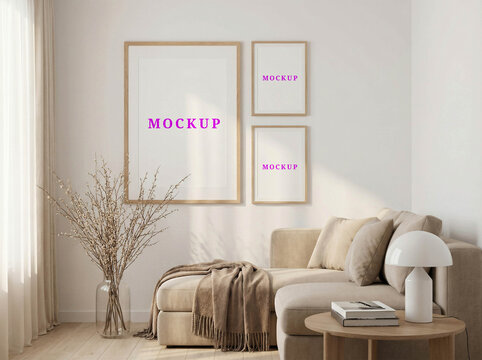 set of two blank frame mockup. Japandi living room wall art mockup. Blank poster frame template.