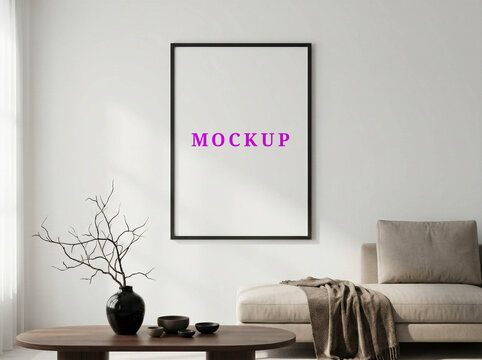 Minimalist wall frame mockup template for art prints, modern interior poster mockup, blank living room wall art mockup