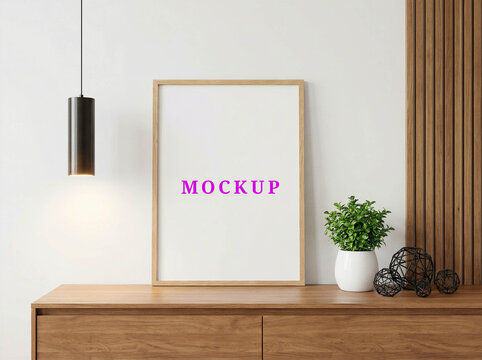 Modern minimalist wall frame mockup. Japandi living room wall art mockup. Blank poster frame template. 