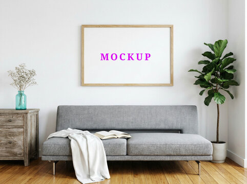 Horizontal frame mockup template for art prints, blank living room wall art mockup, modern interior poster mockup
