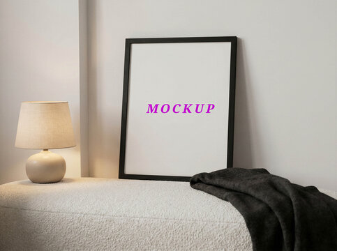 Minimalist wall frame mockup template for art prints, blank living room wall art mockup, modern interior poster mockup