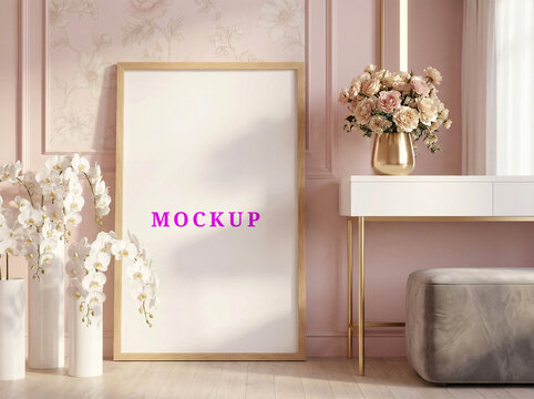 Japandi wall frame mockup. Minimalist interior poster mockup. Blank Scandinavian living room art