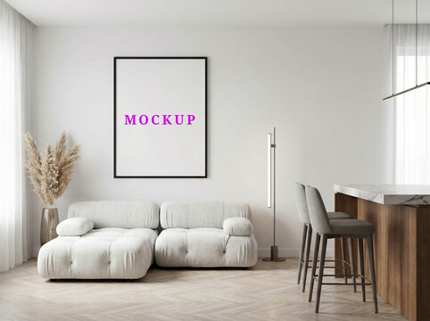 Minimalist wall frame mockup template for art prints, modern interior poster mockup, blank living room wall art mockup