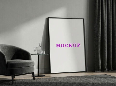 Modern minimalist wall frame mockup. Japandi living room wall art mockup. Blank poster mockup template.