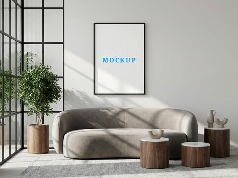 Blank wall frame mockup template. Japandi house wall art mockup. Modern interior poster mockup. Digital frame mockup design.