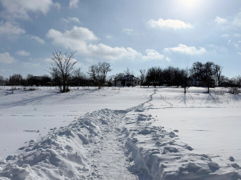 Winter snowy landscape in village