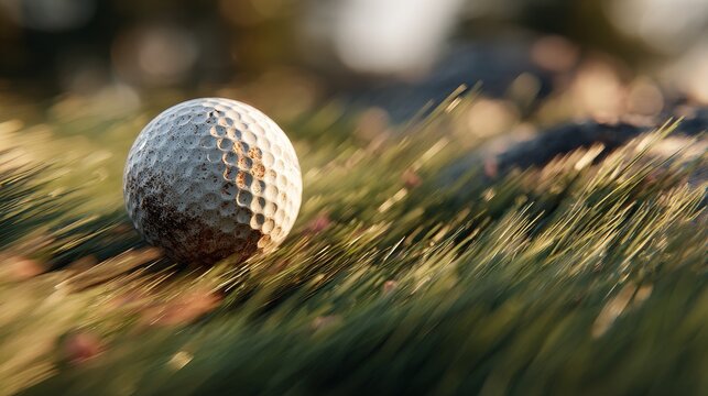 Abstract hyperrealistic golf ball rolling motion blur speed dynamic sport green grass course fairway game competition athletic detail macro cinematic outdoor precision movement realism