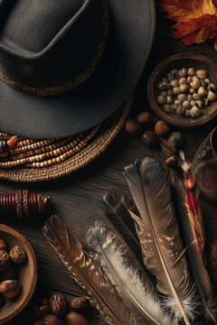 Thanksgiving Elements Featuring Black Felt Hat, Colorful Beads, Autumn Feathers and Natural Harvest Materials for Rustic Seasonal Themes
