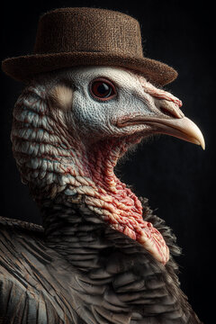 Turkey with a Hat in Rustic Woven Straw Cap on Dark Studio Background for Thanksgiving Themed Campaigns and Festive Ads
