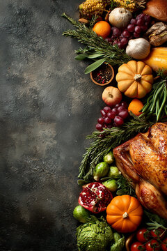 Thanksgiving Still Life Featuring Roasted Turkey, Brussels Sprouts, Pomegranate and Pumpkins Framed by Rustic Herbs and Stone Background