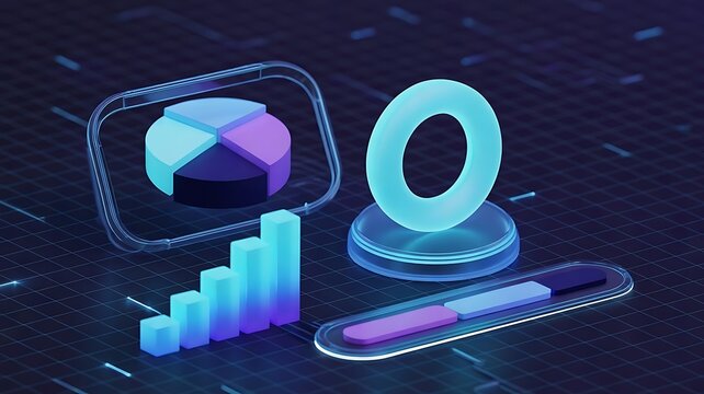 Futuristic 3d business analytics dashboard with glowing blue and purple charts graphs and circular data visualization on a dark grid background