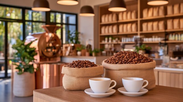 Wooden counter in coffee roastery with two burlap sacks of roasted beans, white ceramic cups and roasting machine, cafe interior