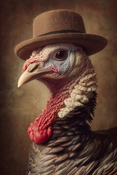Turkey with a Hat in Soft Warm Studio Light Ideal for Thanksgiving Greeting Cards and Fall Celebration Visual Campaigns