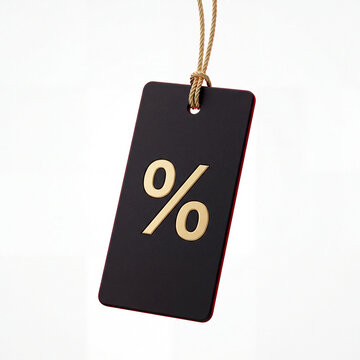 Black price tag with golden percentage sign hanging on white background for sale promotion concept