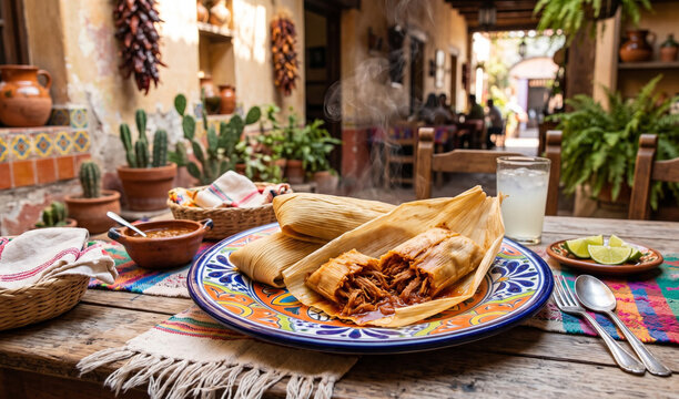 Steaming savory tamales wrapped in corn husks served on a hand-painted Talavera ceramic plate, Split open tamale revealing tender shredded pork chili colorad