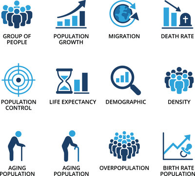 Demographics icon set, population growth and overpopulation flat vector symbols, blue business infographic graphic elements