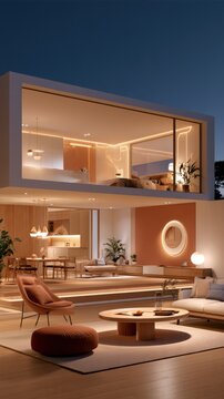 Modern two story house with open plan living room and bedroom visible through large glass windows at night architecture