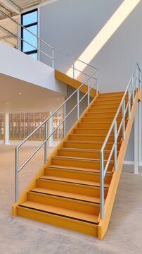 Yellow metal staircase with silver railing inside modern warehouse mezzanine structure