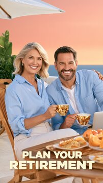 Smiling retired couple in blue shirts drinking coffee on seaside terrace at sunset, golden cups and breakfast, happy retirement lifestyle