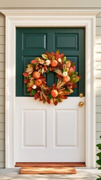 Green front door of house with white trim decorated with autumn wreath of pumpkins, pinecones and orange leaves, fall porch decoration
