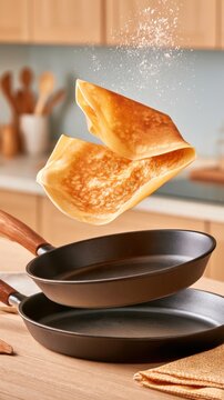 Thin crepe flipping in mid air above black cast iron pans in kitchen, breakfast food action