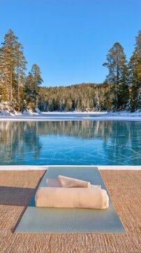 Outdoor terrace with rolled yoga mat facing frozen lake surrounded by snow covered pine forest