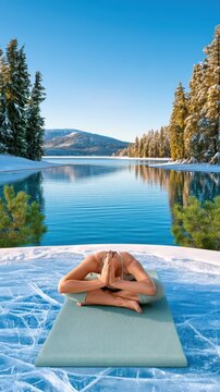 Frozen lake shore with woman on unrolled yoga mat in seated forward fold, surrounded by snowy pines and calm water, winter wellness practice outdoors