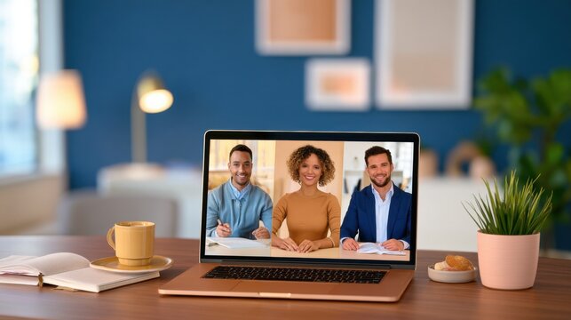 Laptop screen displaying three smiling students in video call grid on wooden desk with coffee cup and notebook, online education