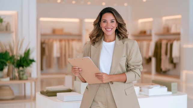 Smiling woman in beige blazer holding clipboard inside bright boutique with clothing racks, interior of fashion retail store with shop assistant