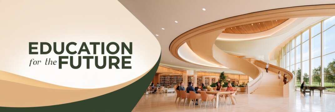 Modern library interior with spiral staircase, curved wooden balconies and students studying at tables, banner layout with copy space on learning environment