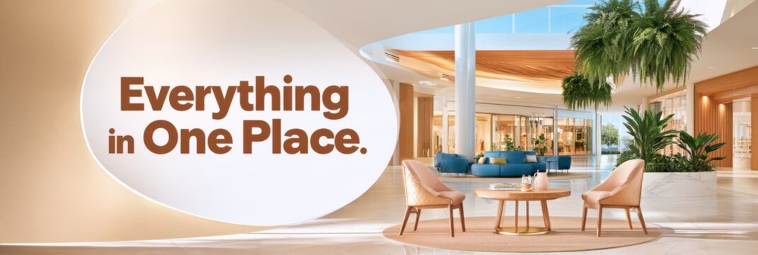 Modern shopping mall atrium with lounge seating, wooden table, blue sofas, hanging ferns, and large text overlay, interior design concept