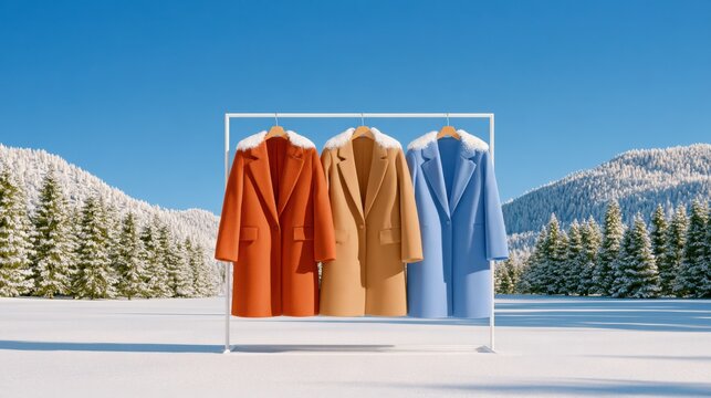Orange, camel and light blue winter coats hanging on rack outdoors with snowy mountains background for fashion retail clearance concept