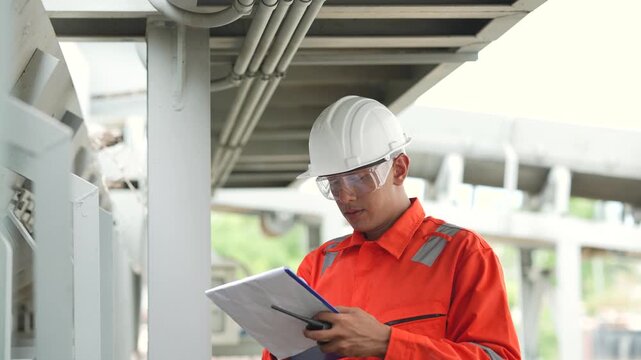 Industrial engineer wearing white hard hat reviews technical documents on clipboard beneath industrial pipeline structure. Facility inspection, maintenance planning, safety.