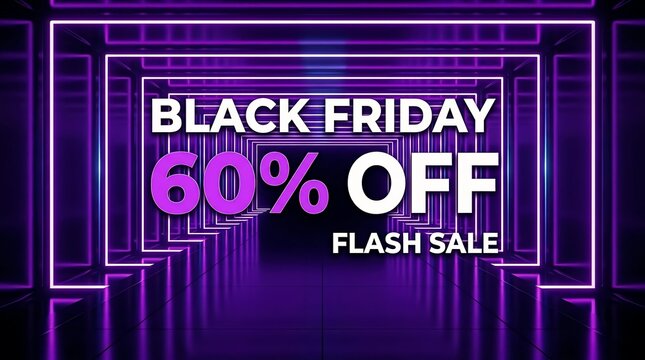 Black friday flash sale banner featuring a sixty percent discount offer with glowing purple neon lights and modern digital background